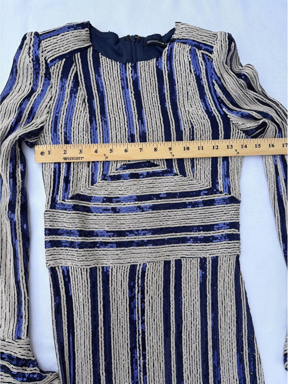 Goodtime USA Women's S Navy Silver Sequin Striped Bell Sleeve Mini Dress - Picture 3 of 8